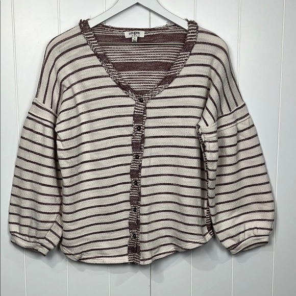Umgee Womens Knit  Top S Brown Cream 3/4 Balloon Sleeves Button Up Contrast Back - Picture 1 of 12
